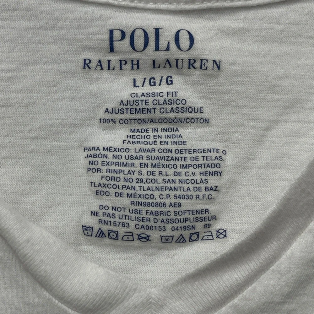 Polo Ralph Lauren T-Shirt Mens L White Classic Fit V-Neck Cotton Pony Logo Basic